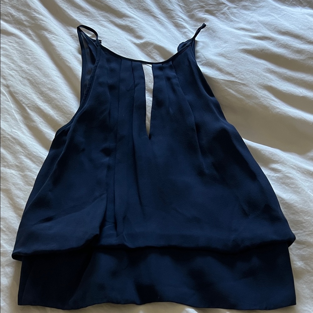 Parker 100% Silk Navy Sleeveless Keyhole Blouse